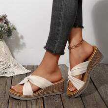 Summer Travel Wedges Heels Women's Sandals Bow-Knot Flats Wear-Resistant Beach Slippers Shoes Platform Sandals Outdoor Beach Walking - 米色 - 查看 4