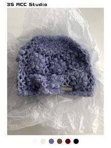 女士花卉头带帽，秋冬新款百搭修脸保暖针织帽，手工钩编花朵甜美复古舒适毛绒拉绒针织帽 - 彩色 - 查看 13