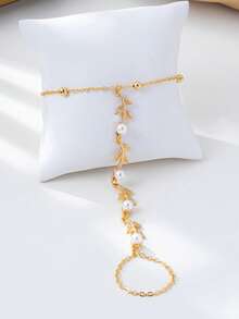 1 Stück modischer, minimalistischer, einzigartiger Blatt- & Perlen-Fingerkettenarmband für Frauen, geeignet für den täglichen Gebrauch, Urlaub, Date, Feiertags-Schmuck - Gold - Übersicht 3