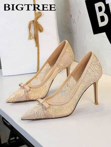 European & American Style Bowknot, Sequin, Lace Mesh Pointed Toe Thin Heel High Heel Pumps, Women's Party Shoes,Stilettos Heels - Champagne - View 2