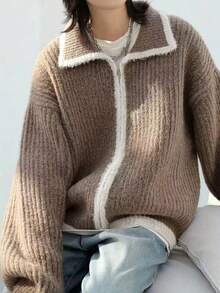 女士休闲秋装撞色领开衫针织毛衣长袖上衣 - 卡其色 - 查看 3