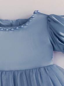 Grayish Blue Bow-Decor Tulle Dress, Birthday Party Baby Girl Outfit - Blue - View 4