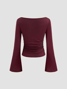 Women's Solid Color Boat Neck Flare Sleeve T-Shirt, Autumn, Fitted, Ruched, Slimming, Long Sleeve - Burgundy - View 2