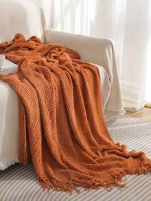 1 Diamond Grid Textured Knit Throw Blanket, Soft And Comfortable, Suitable For All Seasons, Suitable For Sofa, End Of Bed, Travel, Home Decor - Mixed Color Geometric Pattern, Acrylic Fabric - Caramel hạt ngô - Xem 2