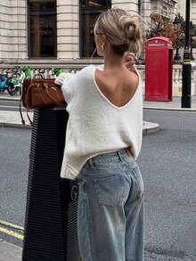 女士休闲落肩长袖纯色罗纹针织衫，适合居家和日常穿着，秋冬白色 - 白色 - 查看 5