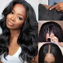 Parrucca da donna con parte a V e onda del corpo, densità 200%, calotta in rete rosa, capelli umani brasiliani, parrucca festiva realizzata a macchina, facile da installare, diverse lunghezze disponibili, - Upgrade V Part Wigs - Natural Black - Visualizzare 9