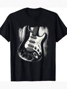 Men's Vintage Rock Music T-Shirt - 100% Cotton Black Retro Electric Guitar Print With White  Stratocaster-Inspired Design, Casual Fit Short Sleeve Round Neck Tee For Concerts, Festivals & Casual Attire - Youth Fashion Music Lover Apparel - Mặc định - Xem 2