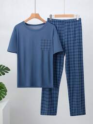 2pcs/Set Men's Summer Lightweight Pajama Set, Short Sleeve Top & Long Pants Sleepwear Loungewear