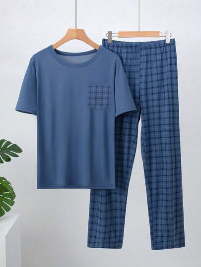Set de 2 piezas de pijama de verano para hombres, conjunto de pantalón largo y camiseta de manga corta de ropa de dormir y ropa de estar en casa