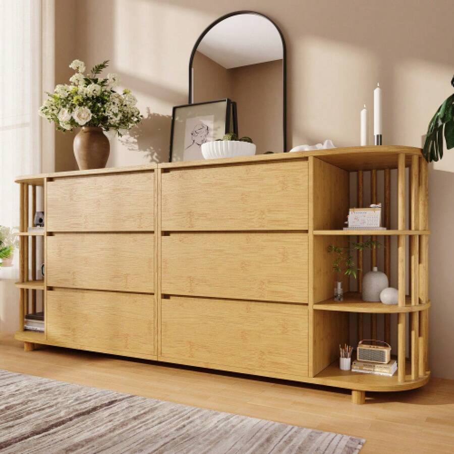 160cm Eiche Sideboard, Roman Design With Bamboo Columns And Shelves, 6 Drawers And Open Shelves, Height Adjustable Legs, H75/W160/D40 - 1 - View 1