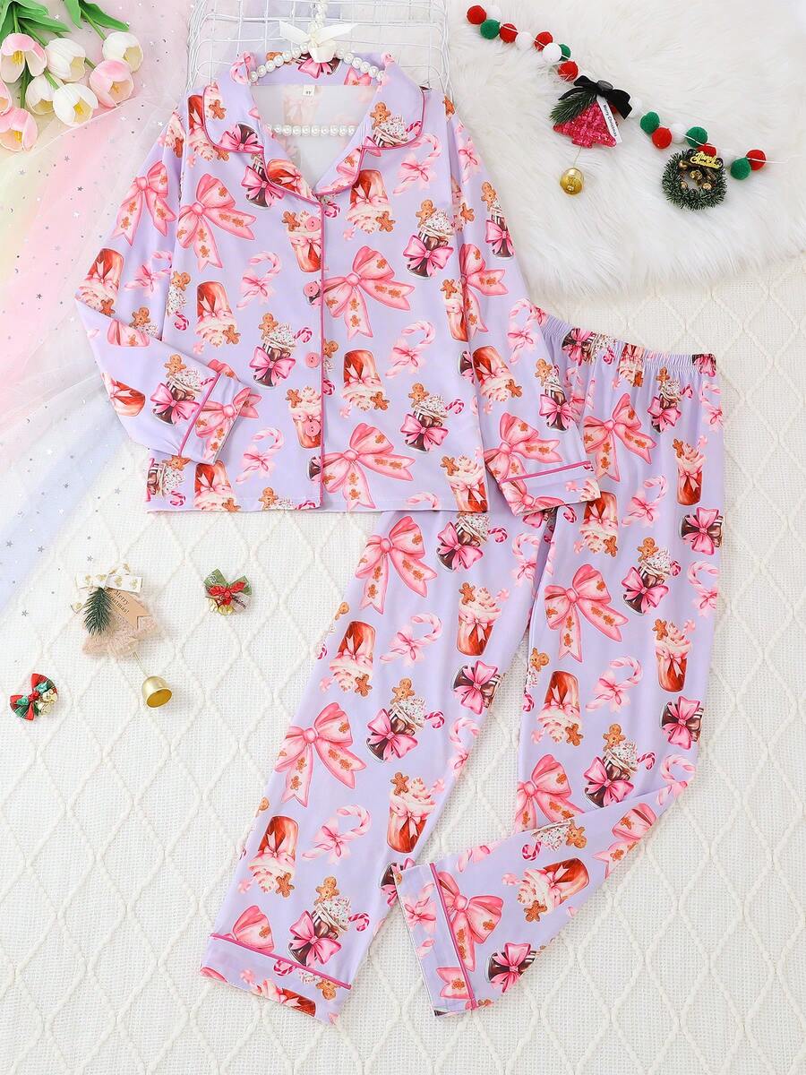 2pcs/Set Girls & Teens Casual Bow & Ice Cream Print Lapel Long Sleeve Cardigan And Pants Pajama Set, Flame Retardant, Suitable For Christmas And All Seasons - Purple - View 1