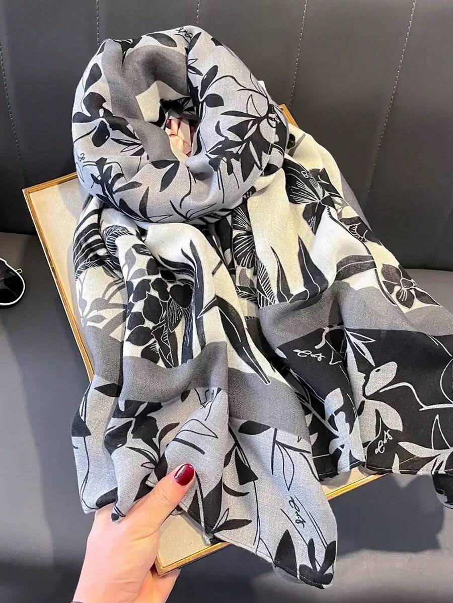 1pc Women's Printed Large Scarf, Satin Soft Skin-Friendly Shawl Scarf, Spring/Summer Sun Protection Beach Long Scarf, Suitable For Dresses - Black Rice Flower - View 1
