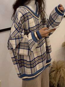 女士宽松V领复古格子长袖休闲卫衣 - 藍色 - 查看 3