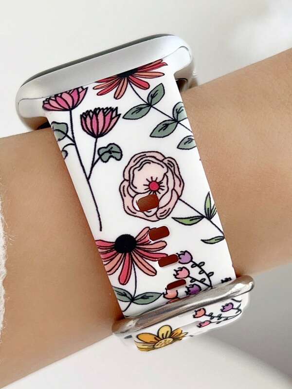 1pc British Pastoral Style Flower And Grass Printed Silicone Strap Compatible With Apple Watch Band 38mm 40mm 41mm 42mm 4mm 45mm 49mm (S10 42 )Mm (S10 46)Mm Women,Fashion Floral Design Comfortable Replaceable Waterproof Sports Strap Compatible With Iwatch Series 11 Ultra 3 SE3 Ultra 2 S10 SE2 9 8 7 SE 6 5 4 3 2 1, Sporty & Fashionable Smart Watch Strap, Women Watchbands, Fine Women Fashion Watch Accessories