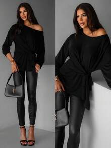 Women's Fashion Black Knit Long Sleeve Top, Asymmetric Hem, Tie-Front Design - Black - View 1