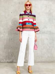 GLOURI Striped Winter Jacket For Women, Colorful, Ruffled Cropped Sleeves And Lapel Collar, Urban And Chic, Perfect For Work And Weekend Casual - Multicolor - View 3
