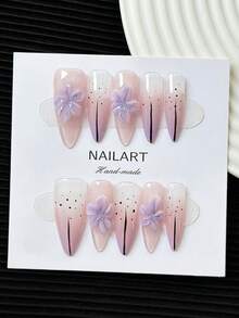 Uñas de stiletto estilo francés hechas a mano, uñas postizas. Puntas de uñas multicolor con degradado de ojo de gato, diseños florales tallados a mano, patrones 3D, uñas postizas de cobertura completa con brillo DIY, 10 piezas por paquete