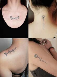 5Pcs Fake Tattoo Temporary Tattoos Semi Permanent Tattoo Floral Letter English Y2K Waterproof Sweatproof Last For 1-2 Weeks Realistic Herbal Juice Anti-Friction Non-Reflective Black For Woman And Men Tattoo Stickers For Arm, Chest, Leg, Abdomen, Waist, Finger, Neck, Spine, Modernist Body Art