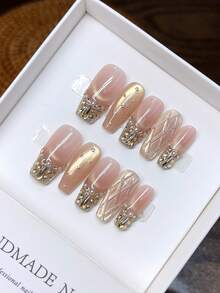10 片纯手工制作可穿戴指甲；美甲；梯形指甲形状；手绘个性化裸色猫眼法式嵌入式指甲；按压式指甲 - 彩色 - 查看 12