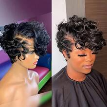 Short Pixie Cut Wig Human Hair 6 Inch 150% Density 13x4x1 Lace Wig For Women Curly Wave Human Hair Brazilian Remy Hair Suitable For Daily Wear 1B Color Casual Elegant Preppy Business Modest Romantic Glamorous Vintage Street Sporty Cute Royal Simple Vacation Daily Holiday Music Festival Mother's Day Carnival Valentine's Day Halloween All Saints' Day Christmas Day Cosplay Spring Summer Autumn Winter Local Warehouse Wear And GO New Product Discounts Wigs For Women - Natural Black - 查看 3