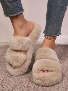 Damskie, klasyczne, okrągłe, wsuwane kapcie w dużych rozmiarach, wygodne i uniwersalne, pluszowa podszewka z dwoma paskami, ciepłe i miękkie, łatwe w zakładaniu, gruba podeszwa, idealne do noszenia w domu, na wakacje, na co dzień, proste i eleganckie, zwiększają wzrost, beżowe, pluszowe, płaskie kapcie z odkrytymi palcami, puszyste kapcie - Kolor khaki - Zobacz 5