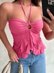 Top Feminino  Tomara Que Caia/Frente Única com Babados e Amarração no Pescoço Moda Verão - Rosa chiclete - Visão 2