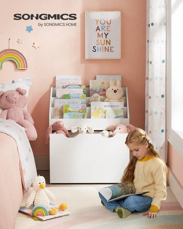 Kids Bookshelf And Toy Organiser, Toy Storage Chest And Bookcase With 3 Shelves, Storage Box With Wheels, Multipurpose, For Children's Room And Playroom, Cloud White/Grey