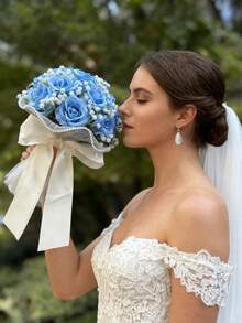 1 件装 满天星玫瑰新娘婚礼花束、新娘白色花束、婚礼人造花束、伴娘花束（配丝带）、情人节、装饰珍珠蕾丝网状玫瑰花束