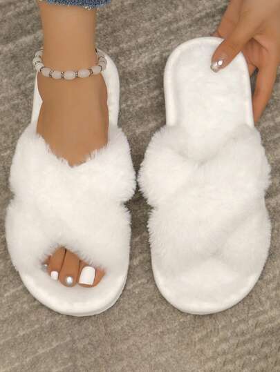 1 Pair Fluffy Casual Flat Soft Bottom Non-Slip Slip-On Slippers, Suitable For Indoor And Outdoor Wear, Teenagers