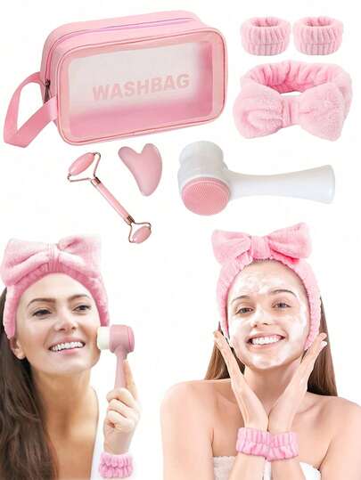 Conjunto de 7 peças para limpeza e massagem facial com limpador de dupla face, rolo de dupla face, placa de massagem em formato de coração, faixa de cabeça com borboleta + pulseiras + nécessaire - Rosa, sem perfume, sem necessidade de pilhas, ideal para o rosto - firmeza e lifting da pele