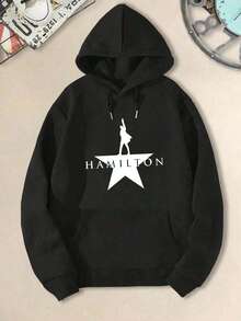 Men's & Women's Casual Christmas Printed Hoodie  Star Silhouette Hamilton Text Design Unisex Pullover Sweatshirt Autumn/Winter - 黑色 - 查看 1