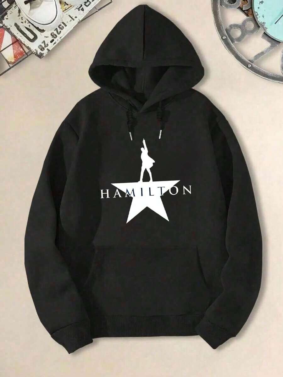 Men's & Women's Casual Christmas Printed Hoodie  Star Silhouette Hamilton Text Design Unisex Pullover Sweatshirt Autumn/Winter - 黑色 - 查看 1