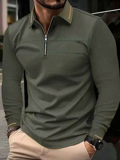 1pc Men's Casual Patchwork Zip Collar Long Sleeve Polo Shirt, Versatile & Minimalist, Suitable For Spring & Autumn