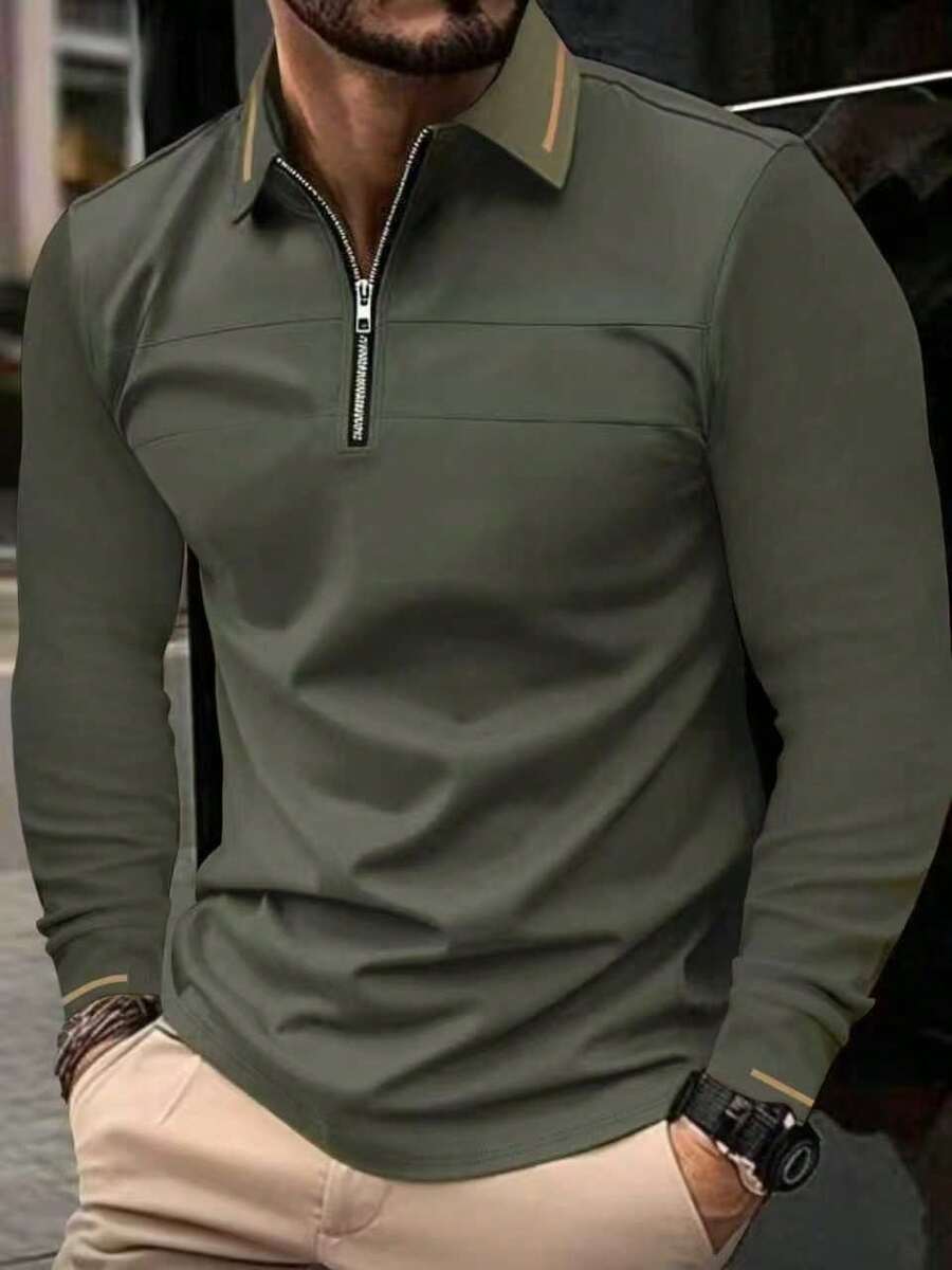 1pc Men's Casual Patchwork Zip Collar Long Sleeve Polo Shirt, Versatile & Minimalist, Suitable For Spring & Autumn - Army Green - View 1