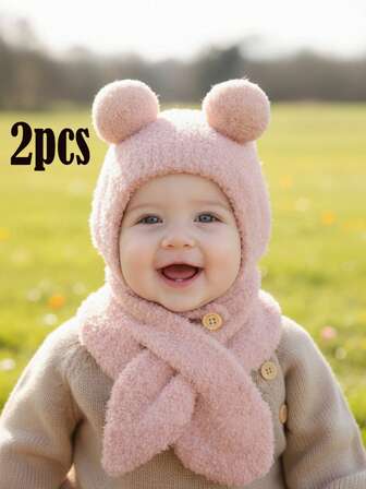 2pcs/Set Toddler Kids Knitted Hat And Scarf Set, Children Winter Warm Double Piece Set, Comfortable Knit Hat And Scarf Combo, Fashionable Winter Accessories, Kids Style Hat And Scarf Set, Quality Children Knitted Hat And Scarf