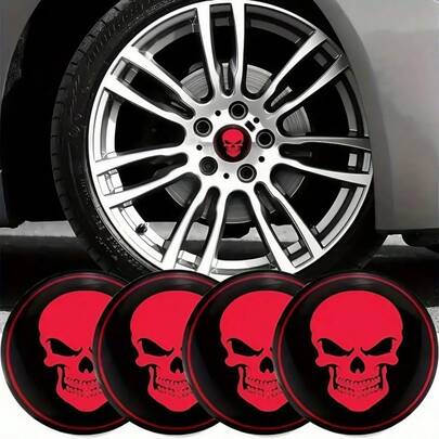 4 piezas Calcomanías decorativas de calavera roja y blanca para centros de rueda, se ajustan a 4 piezas de tapas de centro de rueda de metal con calavera de varios modelos, decoración de centro de rueda de 5.6cm/2.2", crea rápidamente una apariencia de rueda personalizada y mejora la estética general del vehículo al aplicar estas calcomanías
