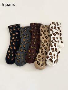 1/5 Pairs Women Leopard Print Mid-Calf Socks, Breathable, Warm, Long, Casual, Sports, Socks, Soft & Comfortable, Cute, Stylish, Suitable For Autumn/Winter Daily, Office, Home, Commute, Holiday Outfits - Multicolor - View 5