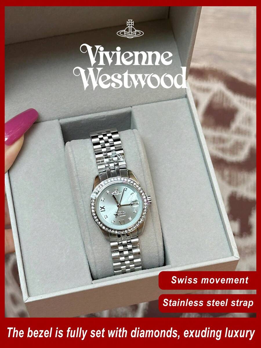 Đồng hồ thạch anh Vivienne Westwood Queen Mother màu xanh hồng đính kim cương - Bạc - Xem 1