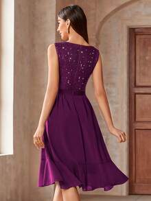 MIUSOL Sequin V-Neck Sleeveless Ruffle Hem Shiny Chiffon Ball Gown - Maroon - View 3