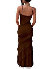 Women's Backless Bodycon Spaghetti Strap Elegant Ruffle Maxi Cocktail Party Dresses, 2025 QMO3 - Coffee - View 3