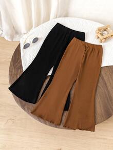 2件套女童罗纹喇叭裤，白色蝴蝶结裤脚开衩，黑色和棕色，日常必备单品 - 彩色 - 查看 2
