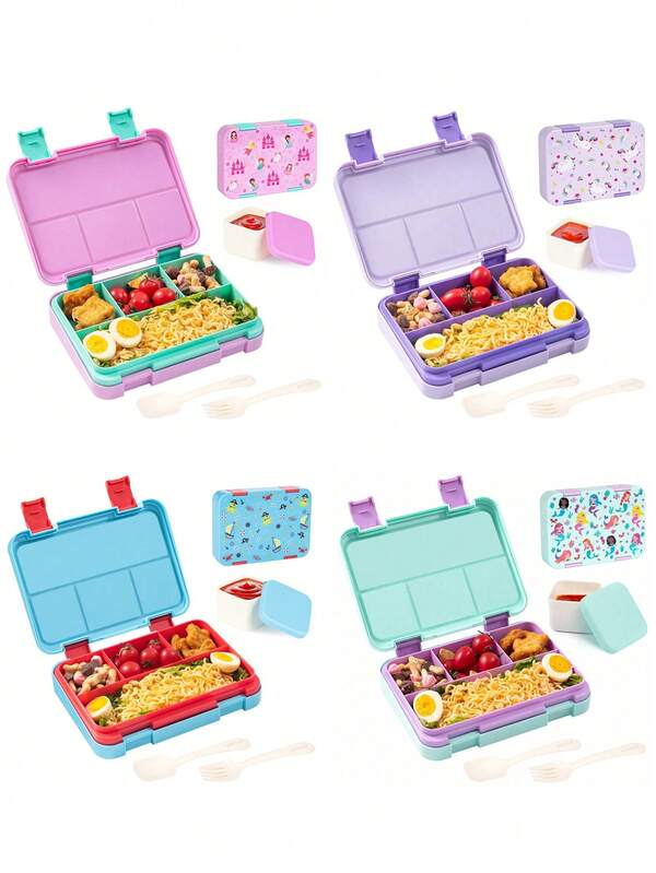 1PC Large Capacity Sealed Leak-Proof Lunch Box With Lid, Cartoon Pattern Multi-Coloured Bento Box, Portable Microwaveable Lunch Box, Fruit Box, Storage Box, Durable, Reusable, Removable Compartments, Easy To Clean - Ideal For Office Lunch Boxes, Outdoor Trips And Back-To-School Supplies
