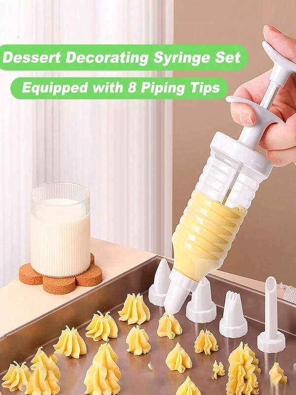 1set/8pcs Dessert Decorating Syringe Set,Plastic Flower Mounting Device, Cream Flower Mounting Gun,Pipping Cake Decorating Kit, Milk Nipples,Piping Tips,Baking Tools, Making,Nozzles Biscuit Piping Syringe Kit,Dessert Decorator,Cake Decorating Tools