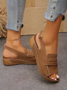 Giày sandal nữ đế dày, khóa cài, hở mũi, màu trơn, phong cách bohemian, thanh lịch, thời trang nghỉ mát, gợi cảm, sandal đế xuồng có khóa cài, thích hợp cho trong nhà, ngoài trời, bãi biển mùa hè. - màu nâu - Xem 6