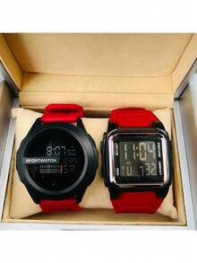 2 件/套男士硅胶表带模拟数字手表，带方形和圆形表盘，防水 LED 电子休闲运动手表 - 紅色 - 查看 6