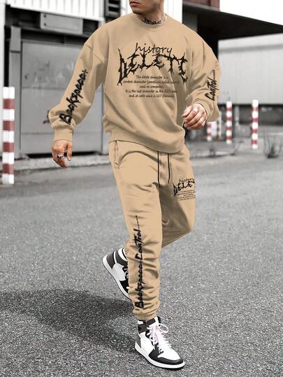 大码套装，创意字母图案，常规圆领运动衫，抽绳腰部锥形裤，街头潮流，秋冬