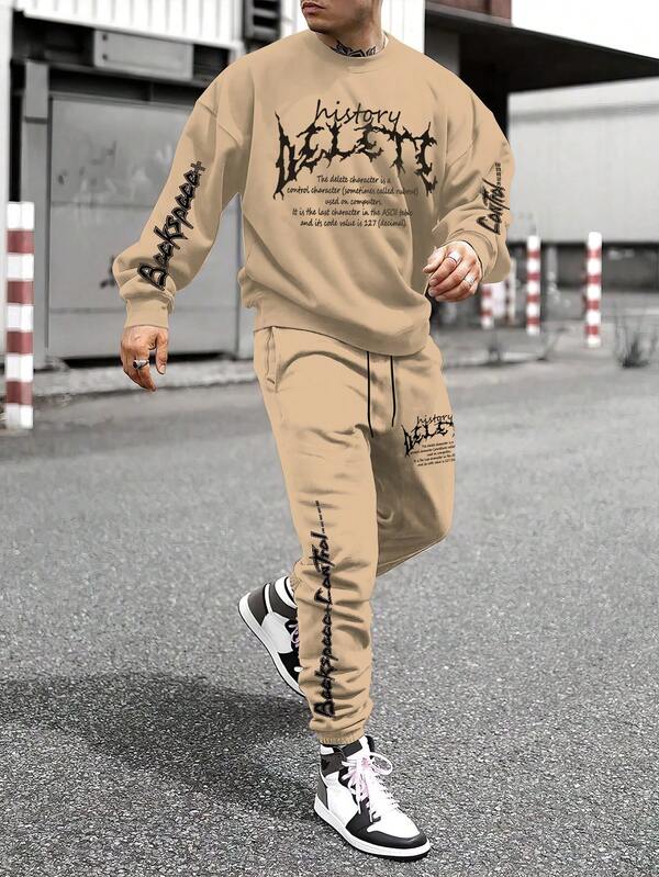 大码套装，创意字母图案，常规圆领运动衫，抽绳腰部锥形裤，街头潮流，秋冬