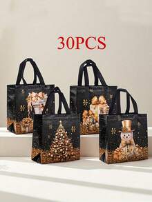 5/10/25 pièces Sacs cadeaux de Noël, sacs cadeaux de Noël noirs élégants avec poignées solides - motifs de feuille d'or de luxe (arbres, flocons de neige) - sacs non tissés convenant pour Noël, Nouvel An, fête, cadeaux de mariage - emballage cadeau et décorations de fête de Noël premium, sacs cadeaux de fête de Noël, sacs de fête durables