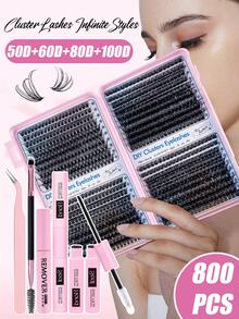 800 Stück Wimpernverlängerungs-Set, DIY Wimpernverlängerungs-Set mit einzelnen Wimpern-Clustern D-Krümmung, Wimpern-Cluster mit Wimpern-Kleber und -Versiegelung sowie Wimpern-Applikator-Pinsel für Selbstanwendung zuhause (10D-20D-30D-40D-50D-60D-80D-100D) Wimpern-Cluster-Set, geeignet für Reisen, täglichen Gebrauch für Anfänger, Hochzeiten, Dates, Partys, Festivals, sehr geeignet als Wimpern-Geschenkbündel zu Weihnachten/Halloween