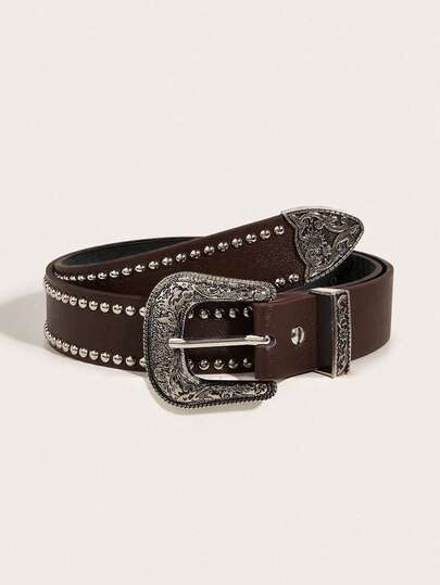 1pc Bohemian Style Coffee-Colored Western Cowboy PU Leather Studded Belt, Silver Rivet Medieval Floral Buckle, Bestseller Men's Belt, Casual Pants, Western Cowboy, Daily, Workplace, Holiday Party, Gift